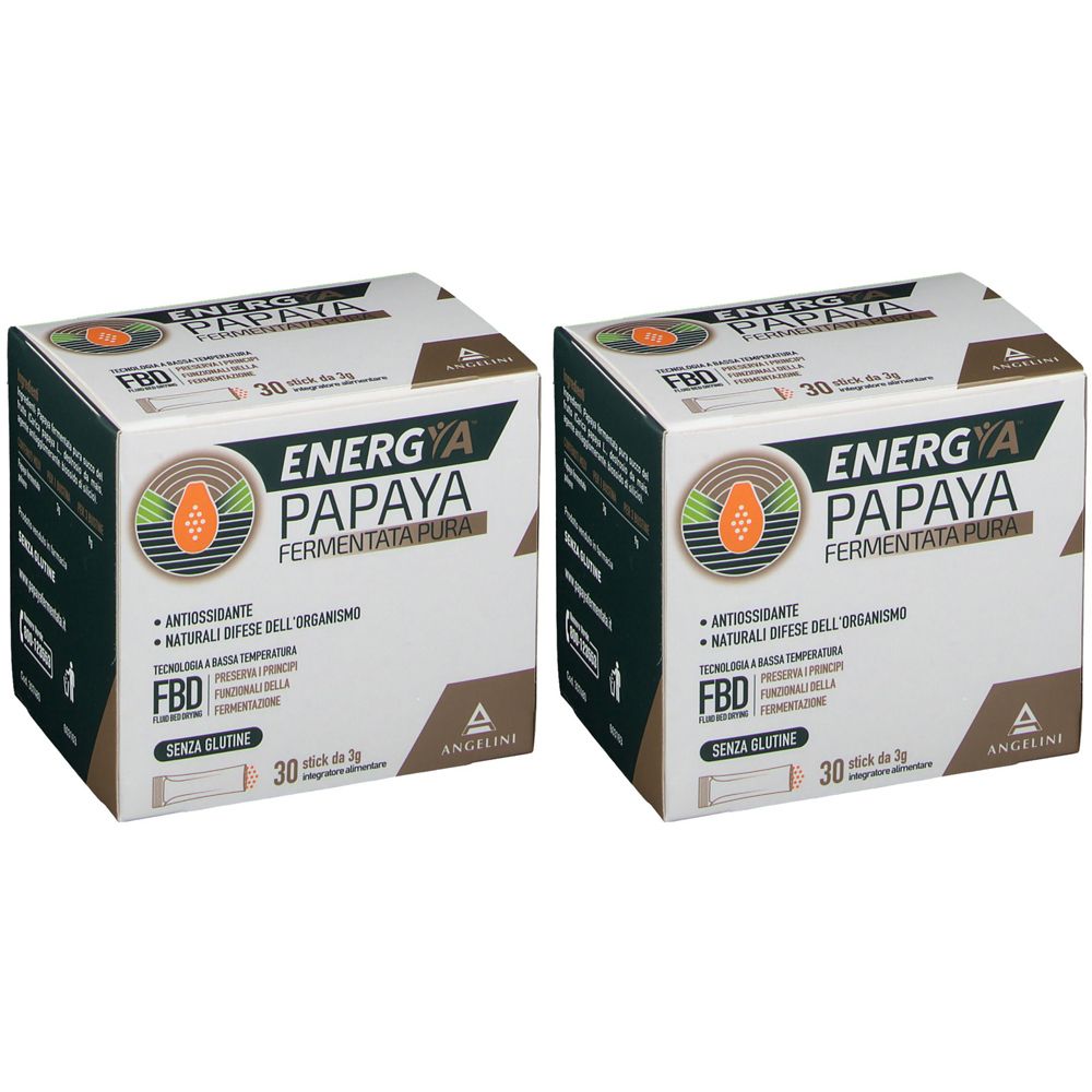 Deux boîtes de "ENERGYA PAPAYA FERMENTATA PURA". Inscriptions : "Antioxydant", "Défenses naturelles de l'organisme", "Sans gluten".