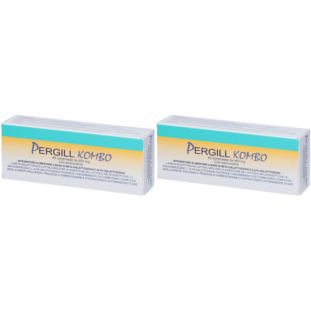 Zwei rechteckige Schachteln mit der Aufschrift Pergill Kombo. Aufschrift in Gelb und Türkis.