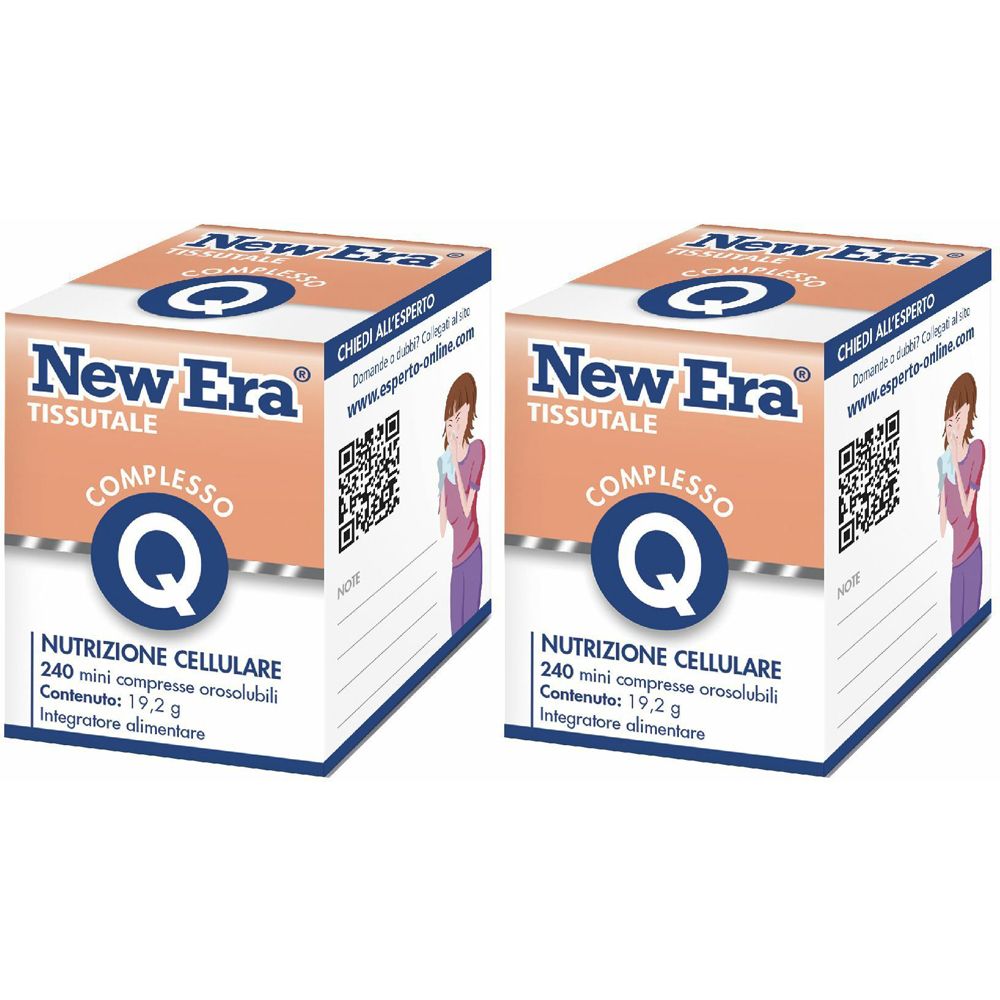 Zwei quadratische Kartons mit der Aufschrift "New Era". Aufschrift "Complesso Q". Enthält 240 Mini-Tabletten. Nahrungsergänzungsmittel.