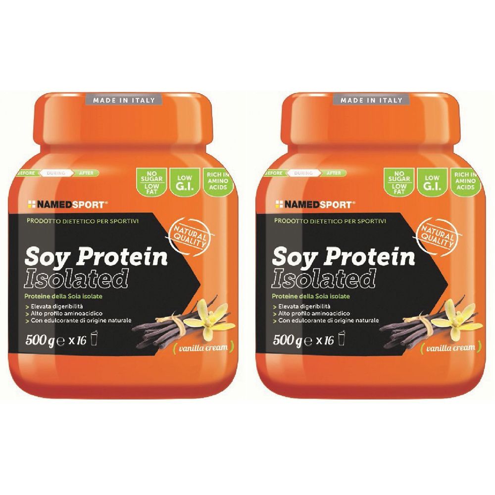 Zwei orangefarbene Dosen mit dem Aufdruck Soy Protein Isolated. Aufschrift: NAMEDSPORT, 500 g x 16, Vanilla Cream.