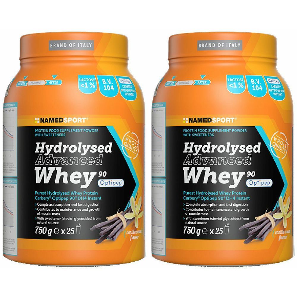 Zwei orangefarbene Dosen mit der Aufschrift "Hydrolysed Advanced Whey 90". Aufschrift "NAMEDSPORT". Vanille-Aroma.