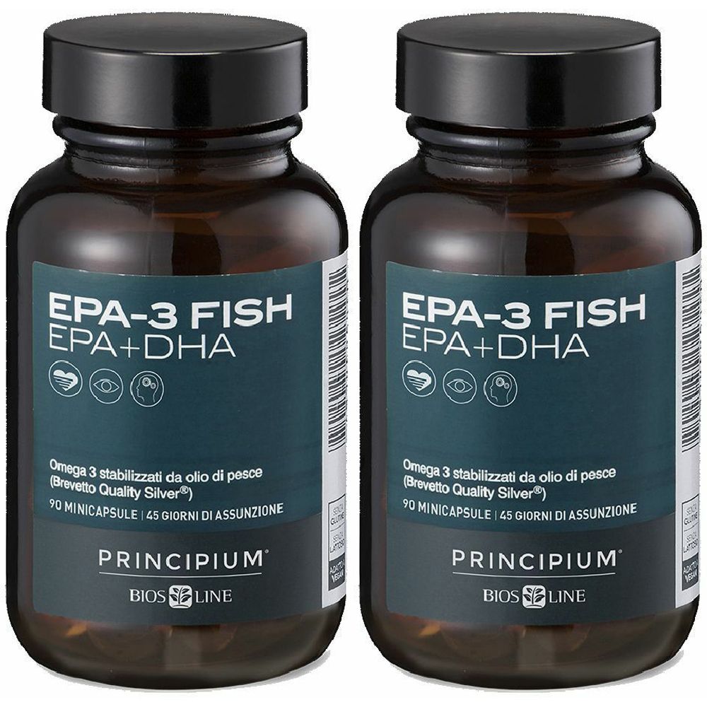 Zwei Flaschen mit Kapseln. Aufschrift EPA-3 FISH EPA+DHA. Marke PRINCIPIUM. Flaschen mit schwarzem Deckel und blau-weißem Etikett.