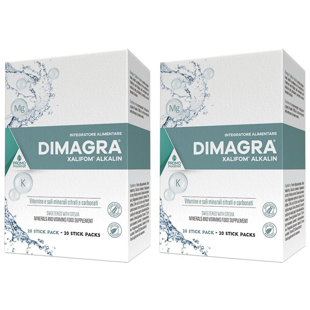 Zwei weiße Kartons mit der Aufschrift DIMAGRA XALIFOM ALKALIN. Aufschrift: Integratore Alimentare. Enthält 20 Stick Packs.