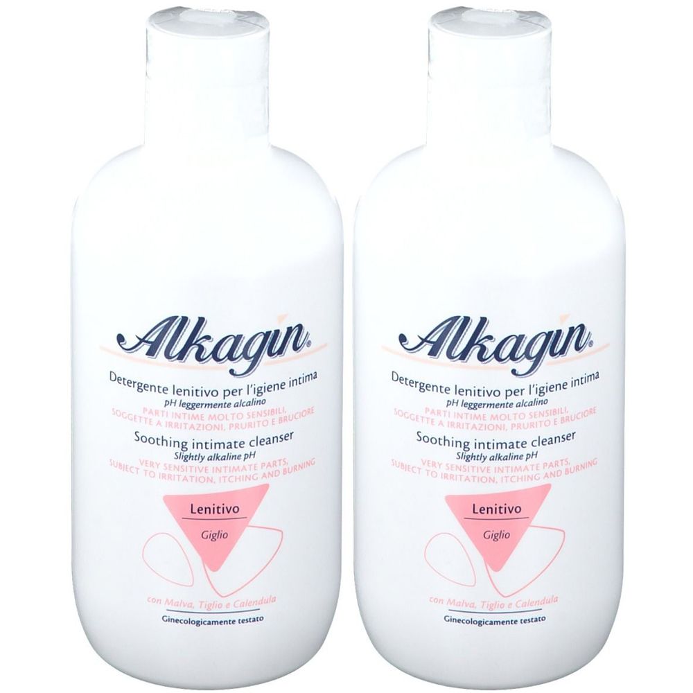 Deux flacons blancs avec étiquettes. Inscription : Alkagin, nettoyant intime. Graphique rose. Bouchons en haut.