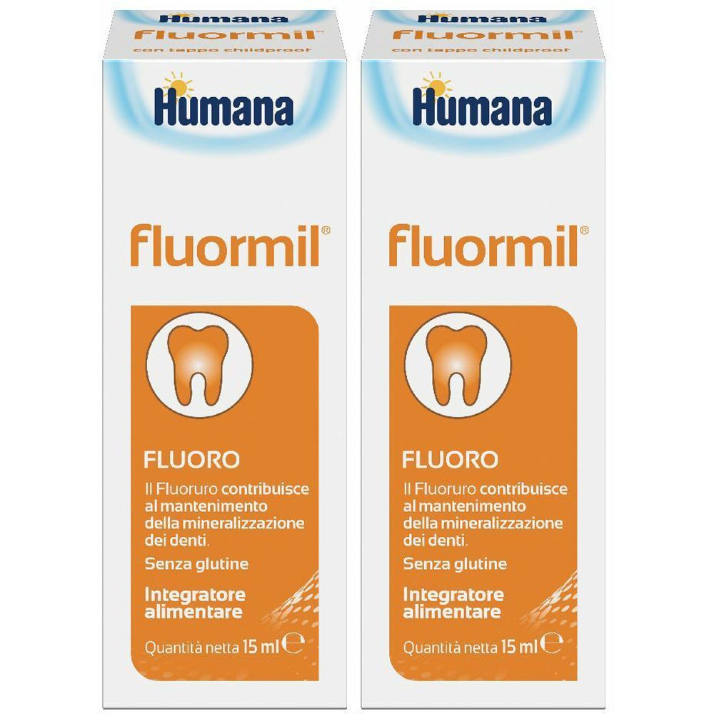 Zwei Packungen Humana Fluormil. Weiße Verpackung mit orangefarbenem Feld und Zahn-Symbol. Text: Fluoro, glutenfrei, Nahrungsergänzungsmittel.