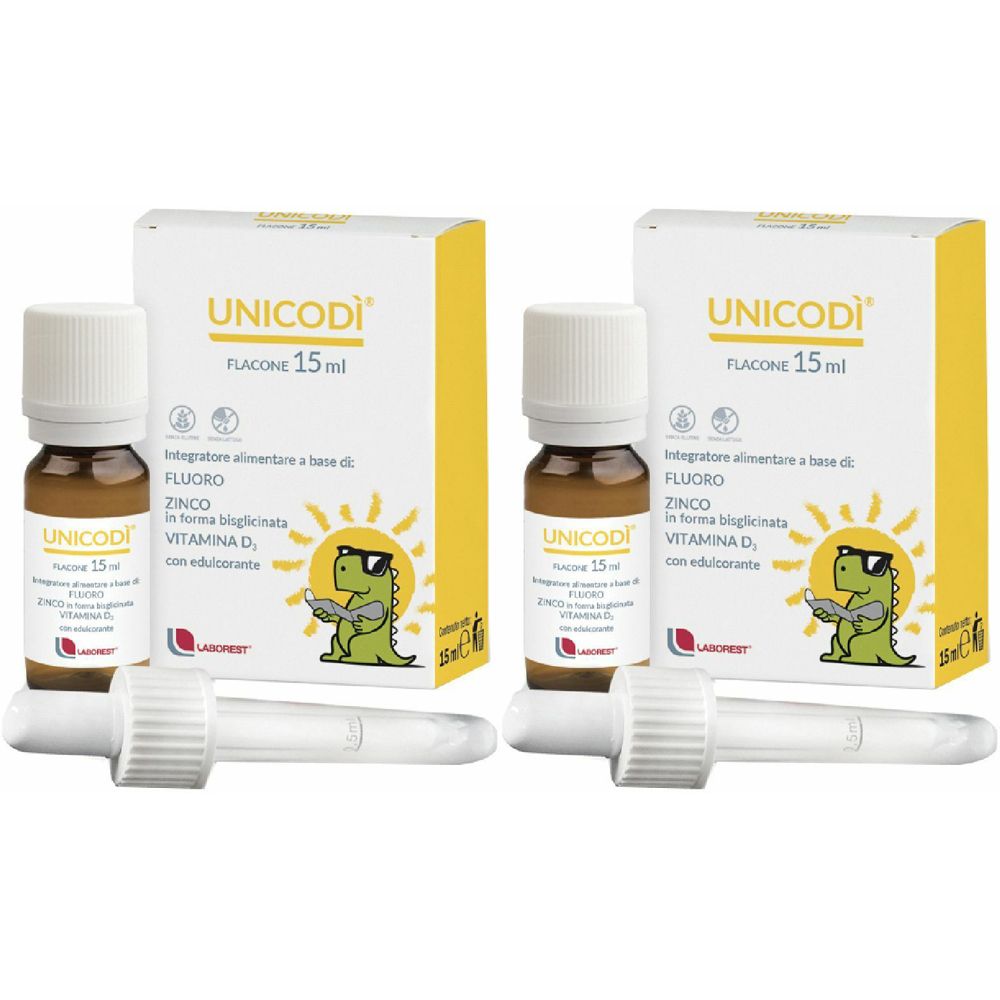 Zwei Fläschchen mit weißem Verschluss und zwei Kartons mit gelbem Hintergrund. Aufschrift: Unicodì, Flacone 15 ml. Dazu zwei Pipetten.