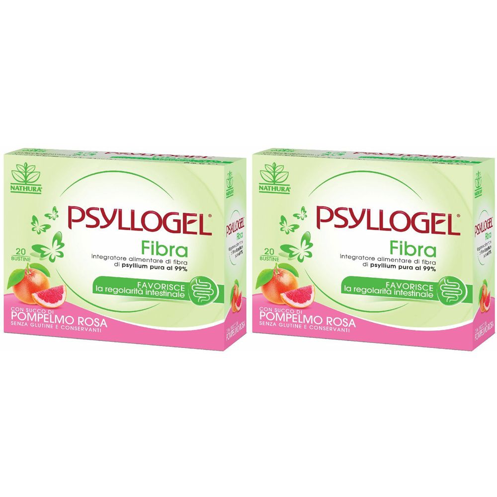 Deux boîtes de Psyllogel Fibra au pamplemousse rose. Inscription : « Favorise la régularité intestinale ».