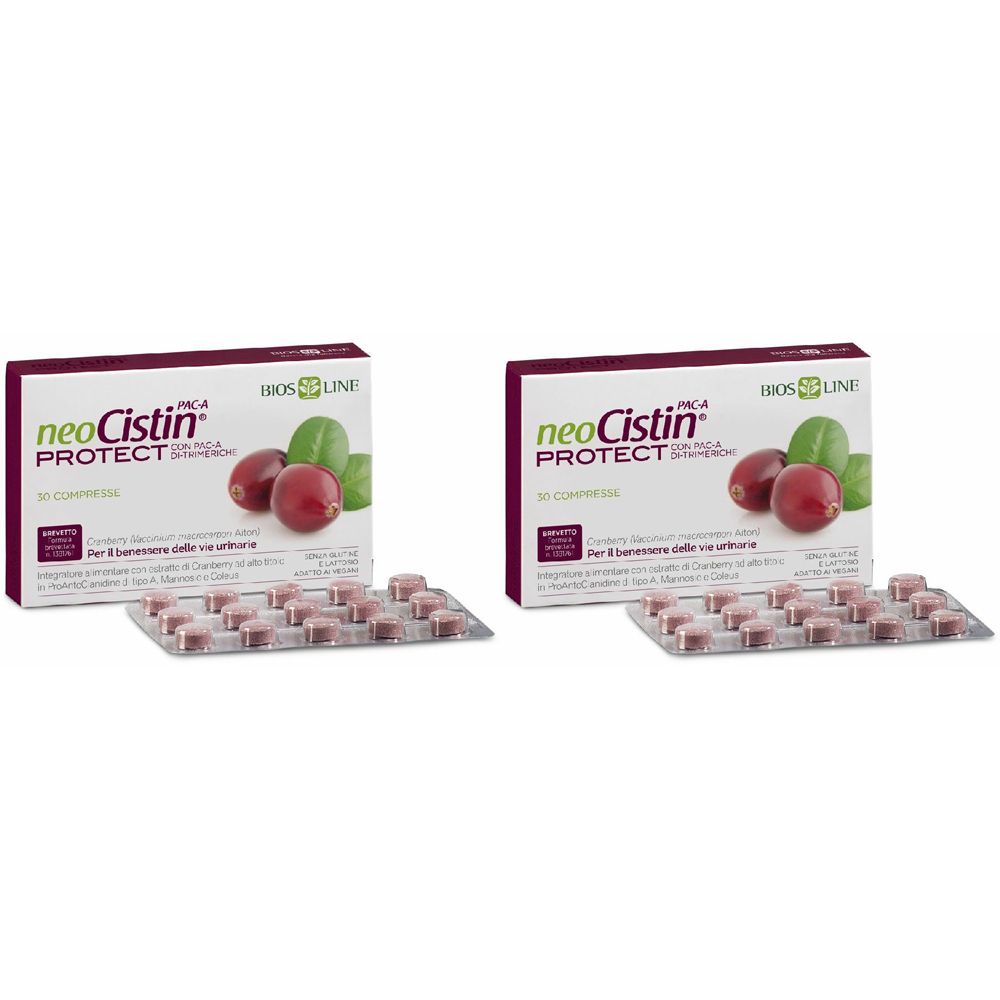 Deux boîtes de comprimés. Inscription: NeoCistin Protect. Représentation de canneberges. Comprimés en plaquettes.