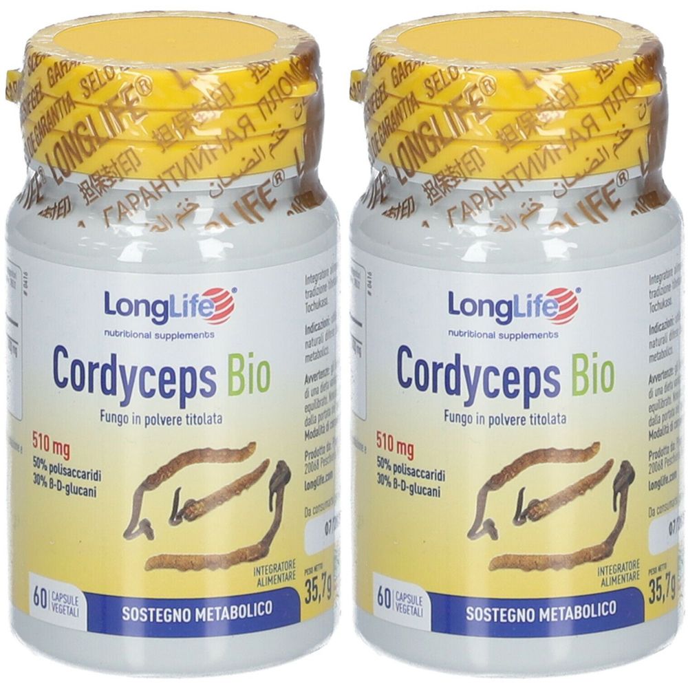 Deux flacons de LongLife Cordyceps Bio. Inscription : 510 mg, 60 gélules. Bouchon jaune avec sceau.