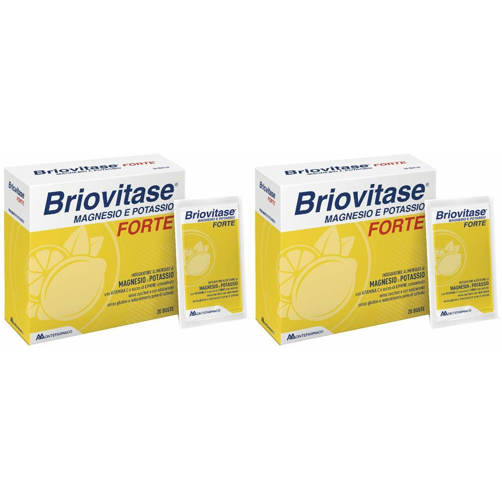Zwei Packungen mit Briovitase Forte. Auf gelbem Hintergrund sind Produktname und Inhaltsstoffe in italienischer Sprache angegeben.