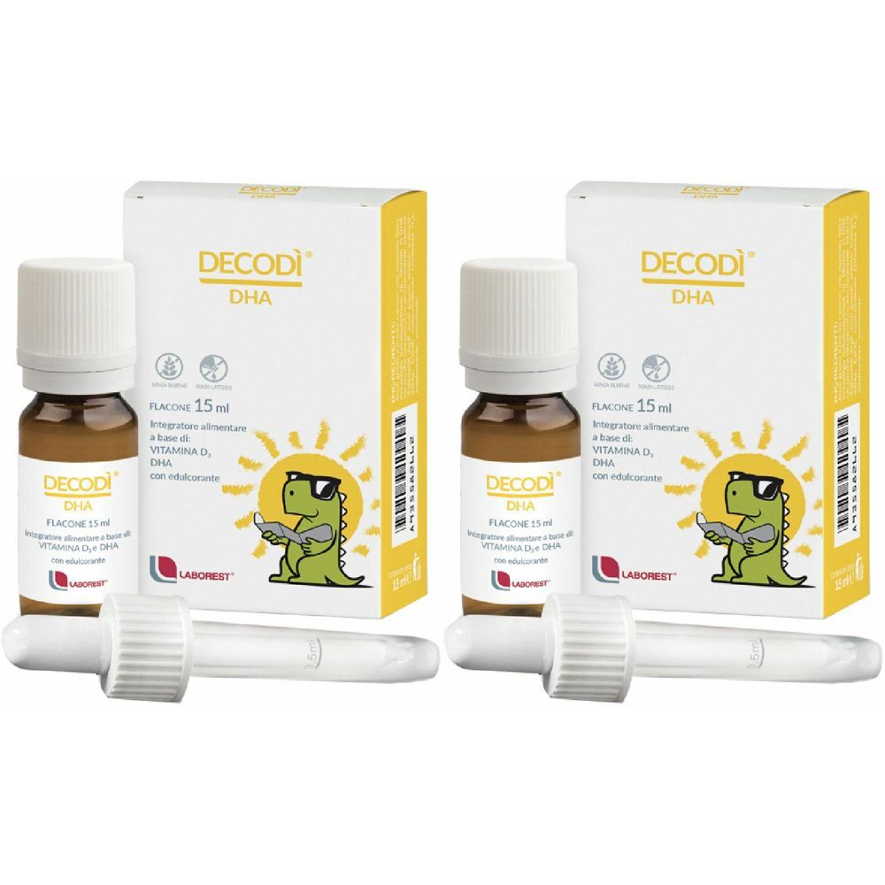 Zwei Flaschen und Verpackungen mit dem Produktnamen DECODI DHA. Enthält eine Pipette. Auf der Verpackung ist ein Cartoon-Dino abgebildet.