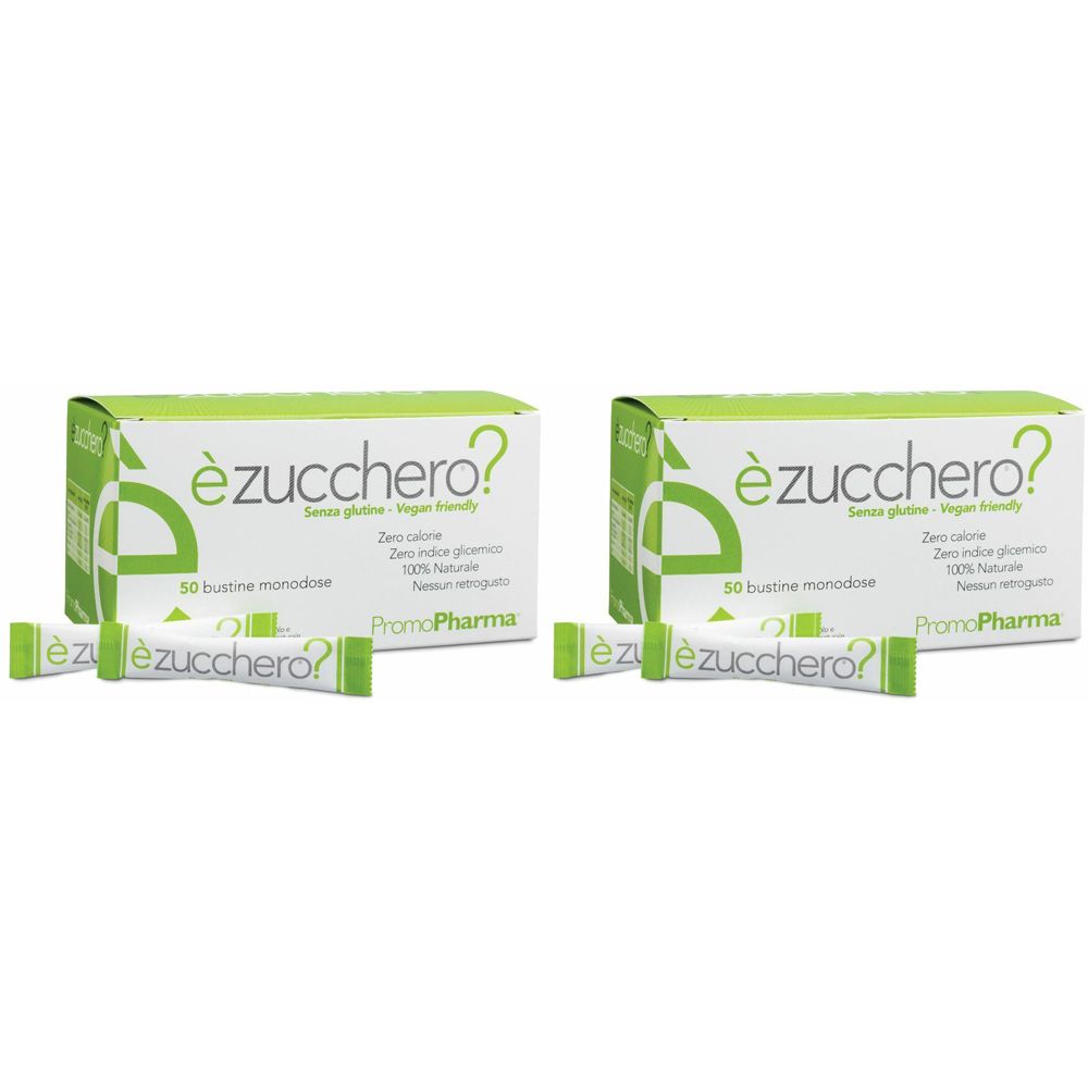 Deux boîtes de "èzucchero?" et sachets individuels. Inscription : "50 bustine monodose", "PromoPharma".