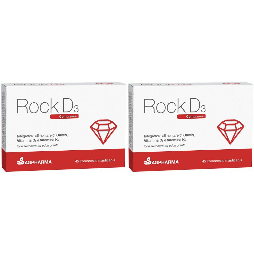 Zwei Schachteln Rock D3. Aufschrift: Integratore alimentare di Calcio, Vitamina D, e Vitamina K. Mit 45 Kautabletten. Marke AGPHARMA.