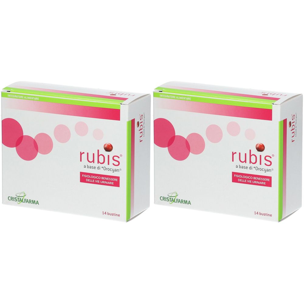 Zwei weiße Kartons mit rosa und grünen Akzenten. Auf jedem steht "rubis" und "CRISTALFARMA". Text in italienischer Sprache.