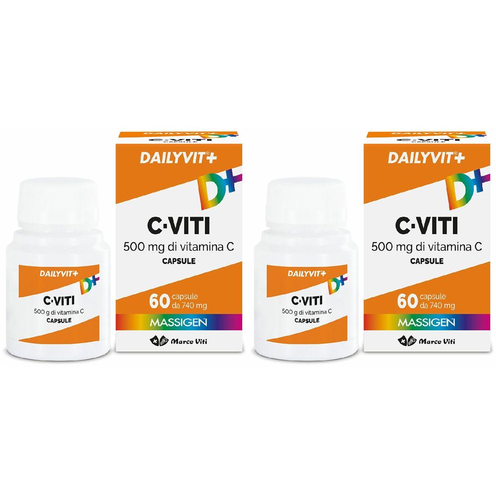 Deux flacons et deux boîtes de compléments alimentaires. Les boîtes indiquent "DAILYVIT+ C-VITI 500 mg di vitamina C CAPSULE".