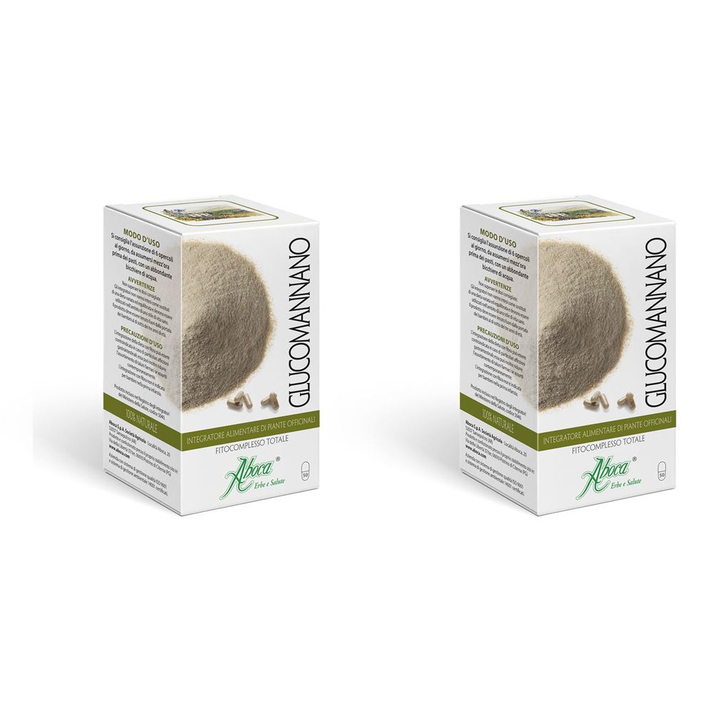 Zwei rechteckige Kartons mit der Aufschrift GLUCOMANNANO. Auf den Kartons ist ein hellbraunes Pulver abgebildet, darunter das Logo von Aboca.