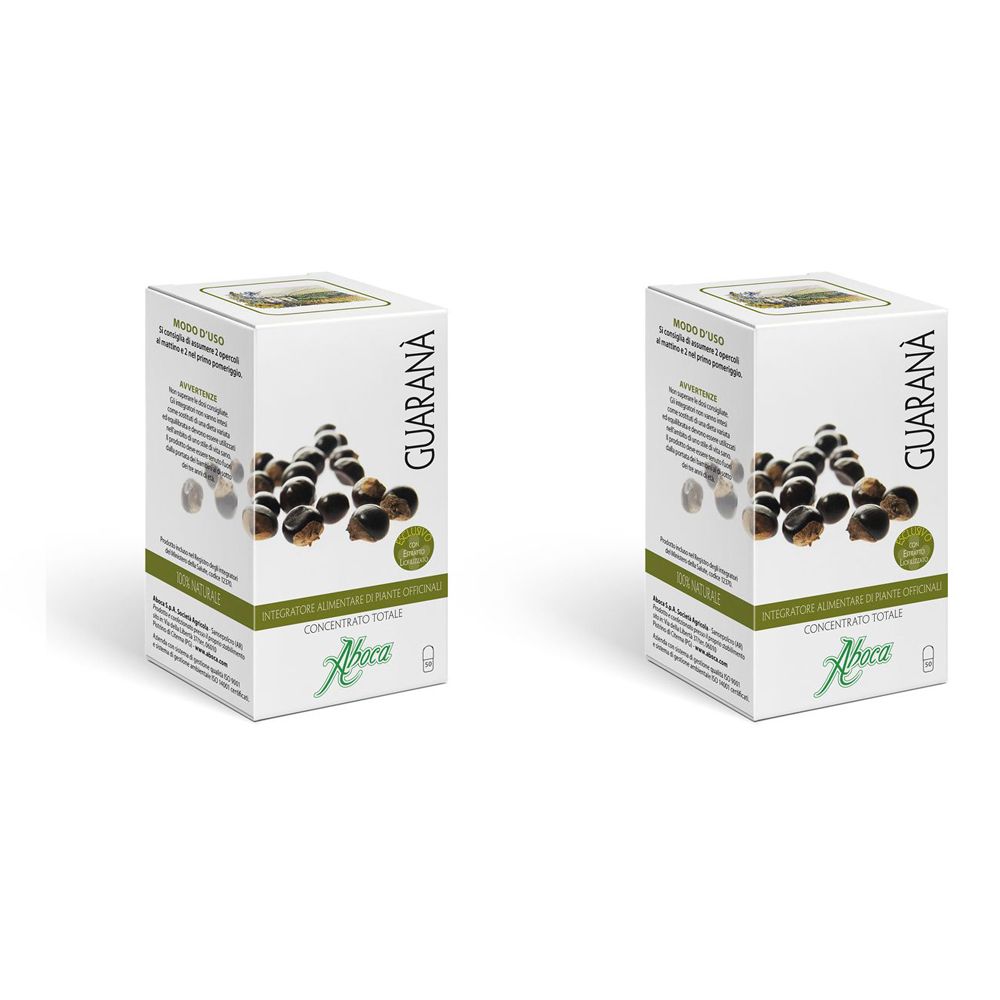 Deux boîtes blanches avec le nom GUARANÁ et le logo Aboca. Impression avec une illustration de graines de guarana.