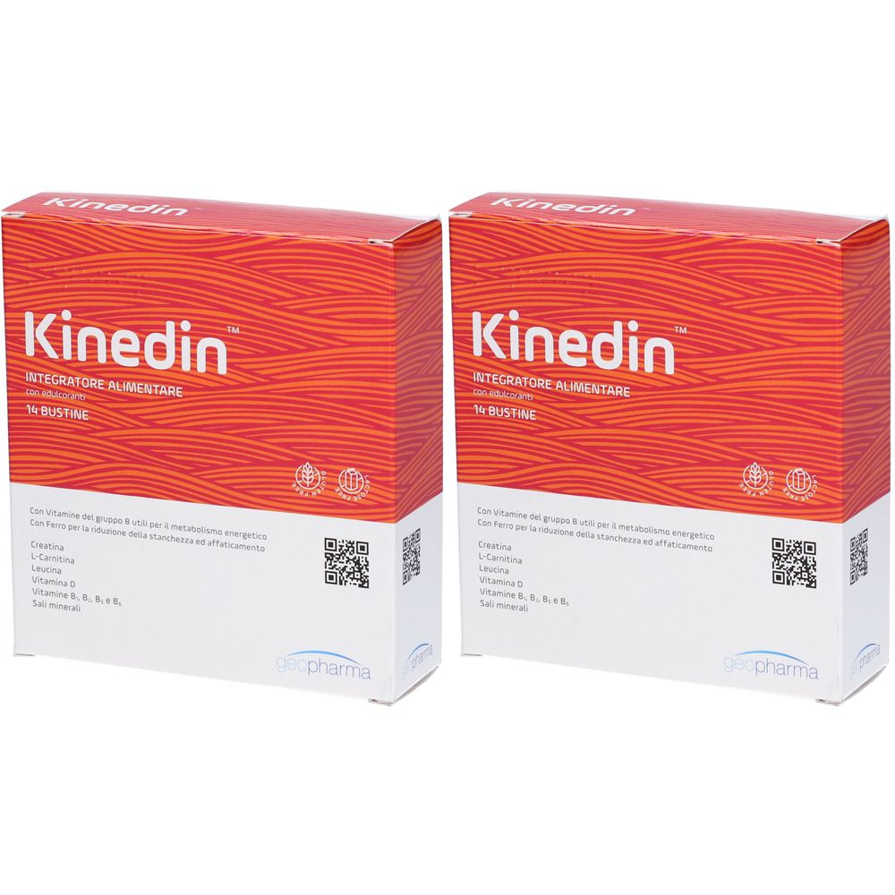 Zwei Schachteln mit der Aufschrift "Kinedin Integratore Alimentare". Rote und weiße Verpackung mit QR-Codes und Produktinformationen.