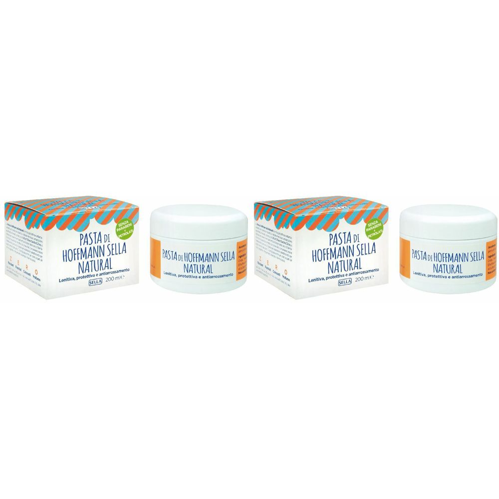 Quatre pots et boîtes de crème. Inscription : Pasta di Hoffmann Sella Natural. Emballage avec motif bleu-orange.