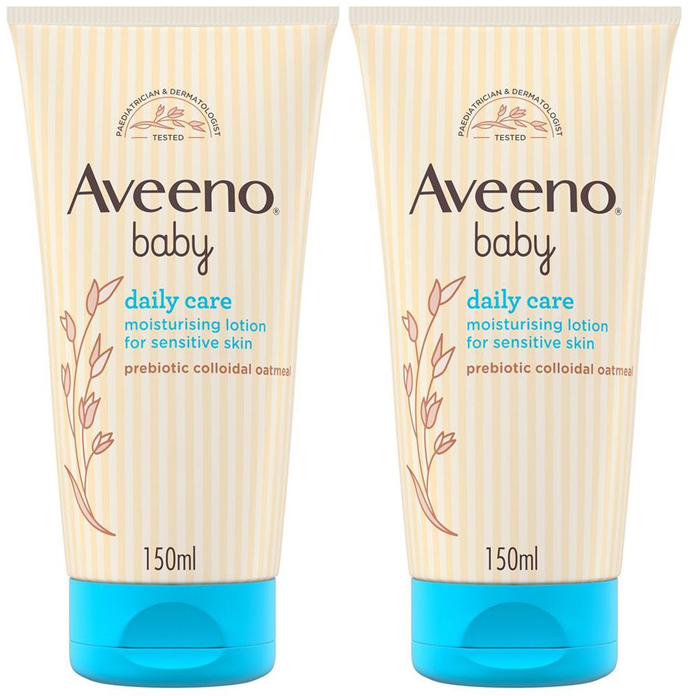 Deux tubes de lotion hydratante Aveeno Baby Daily Care pour peaux sensibles. Tube beige, bouchon bleu. Texte: 150ml.