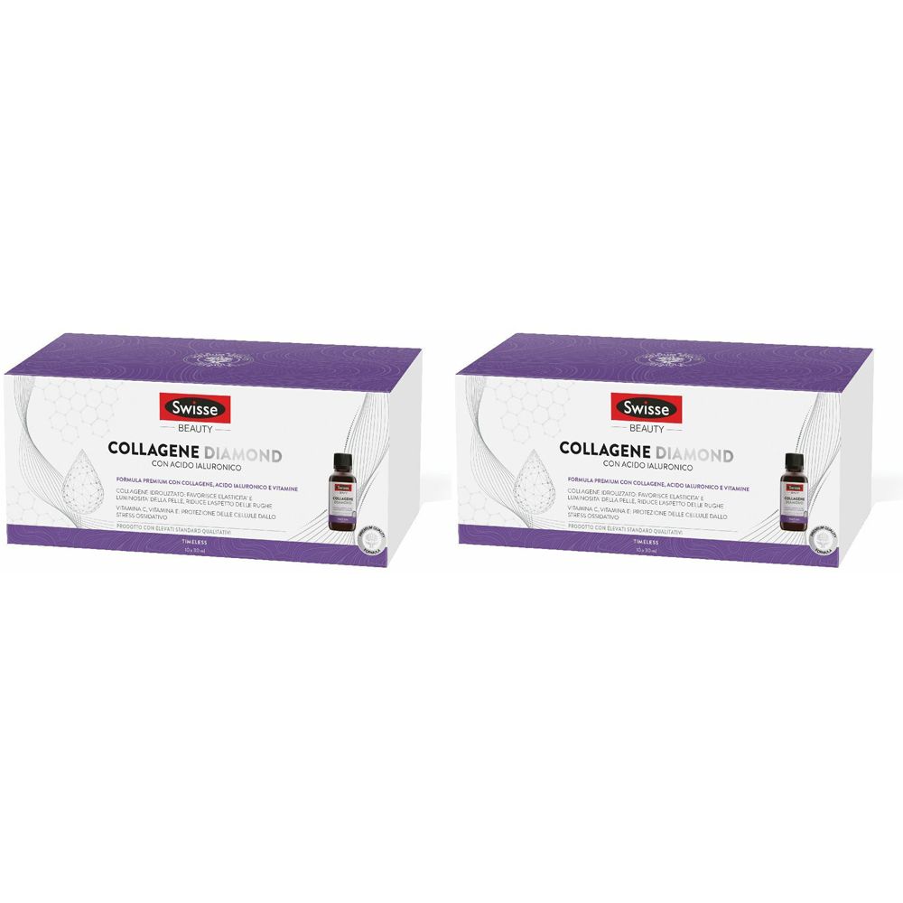 Zwei Kartons mit Swisse Collagene Diamond. Aufschrift und Fläschchen sichtbar. Lila und weiße Verpackung.