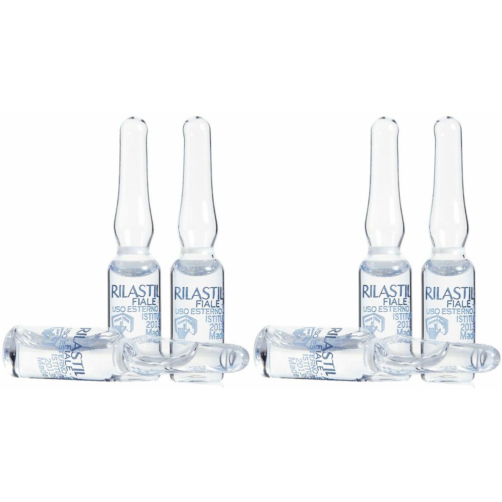 Plusieurs ampoules en verre remplies de liquide. Inscription: RILASTIL FIALE. Forme claire et allongée avec des pointes cassées.