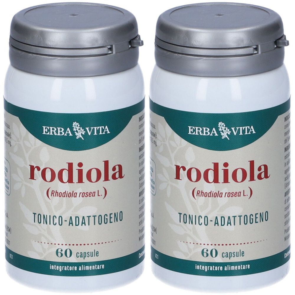 Zwei weiße Flaschen mit grauen Deckeln. Aufschrift: ERBA VITA, Rodiola, Tonico-Adattogeno, 60 Kapseln.