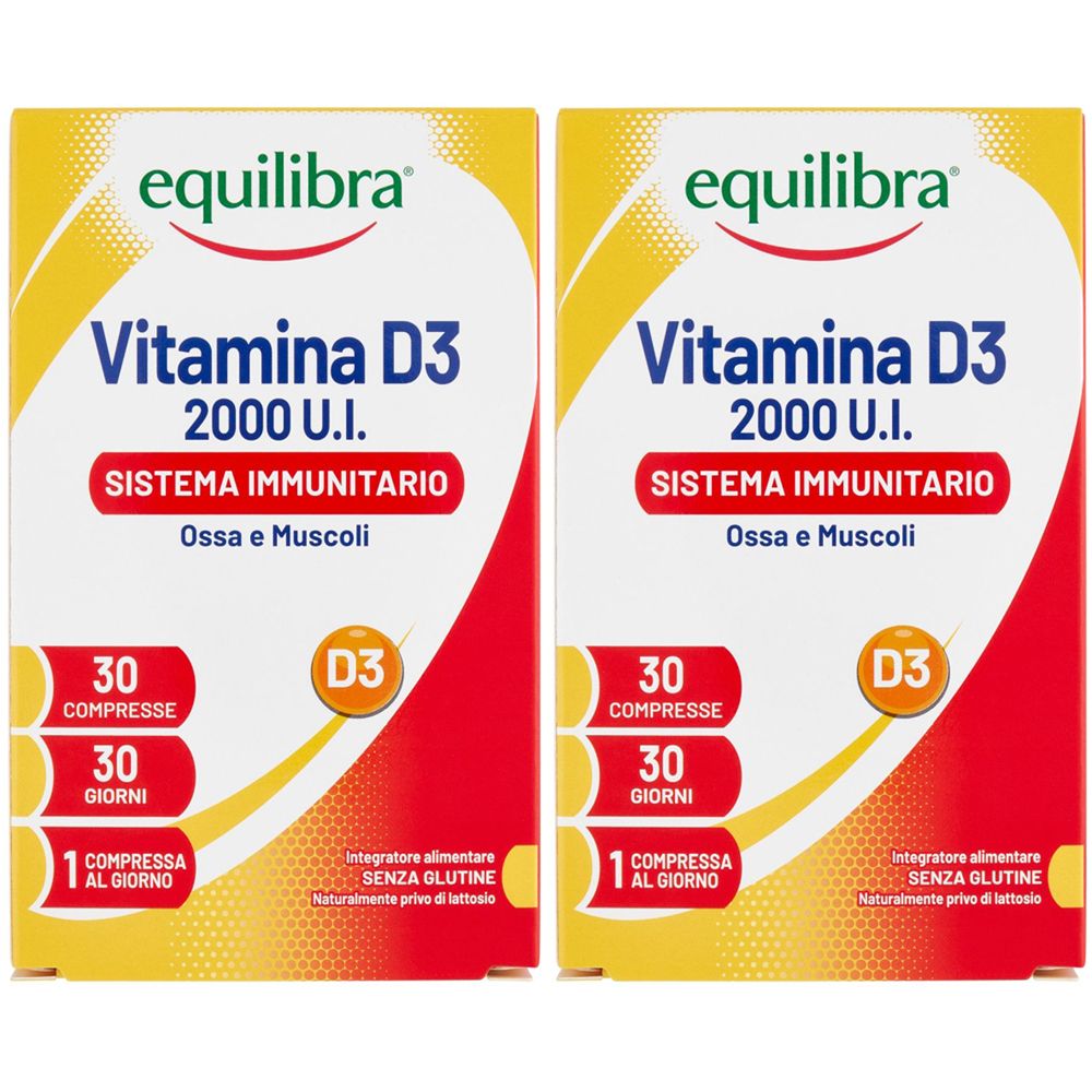 Deux boîtes de Vitamine D3 Equilibra. Inscription : 2000 U.I., 30 comprimés, sans gluten, sans lactose. Jaune, rouge et blanc.
