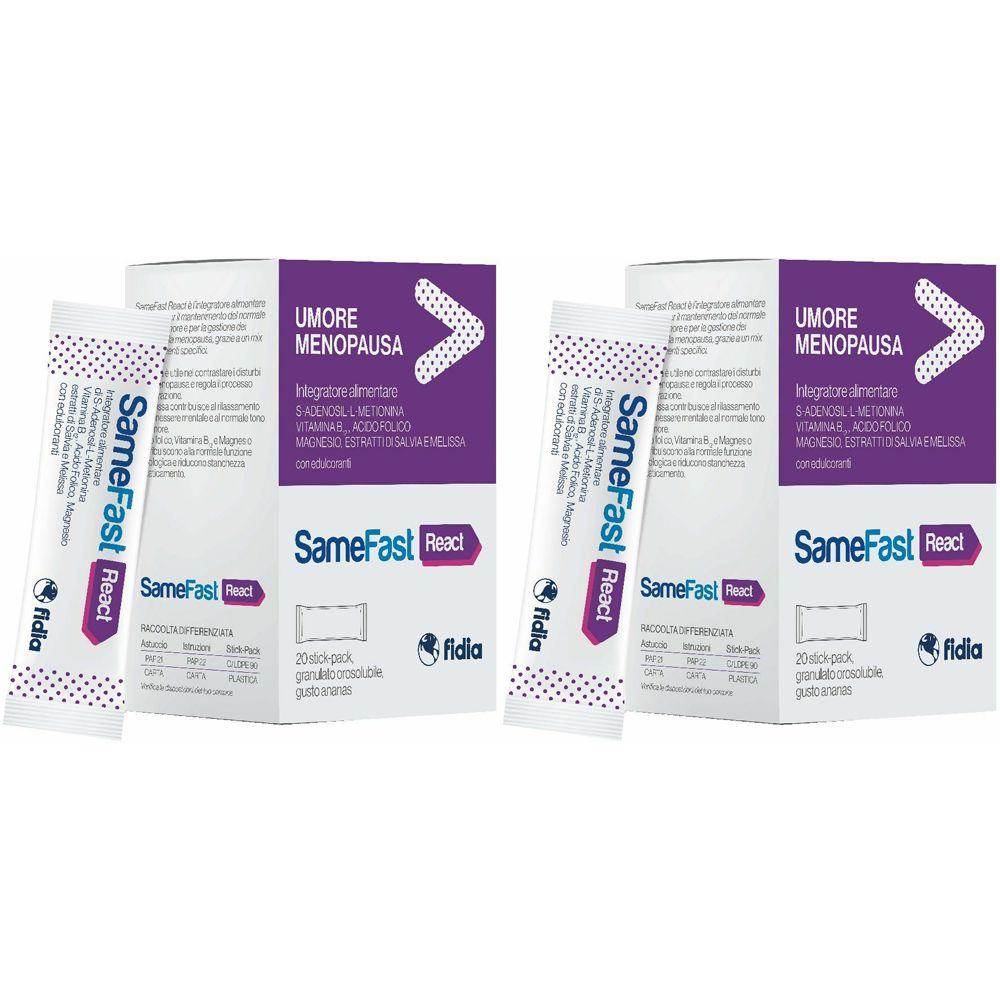 Zwei Packungen SameFast React, mit Text UMORE MENOPAUSA. Einzelne Beutel und Schachteln mit fidia-Logo.