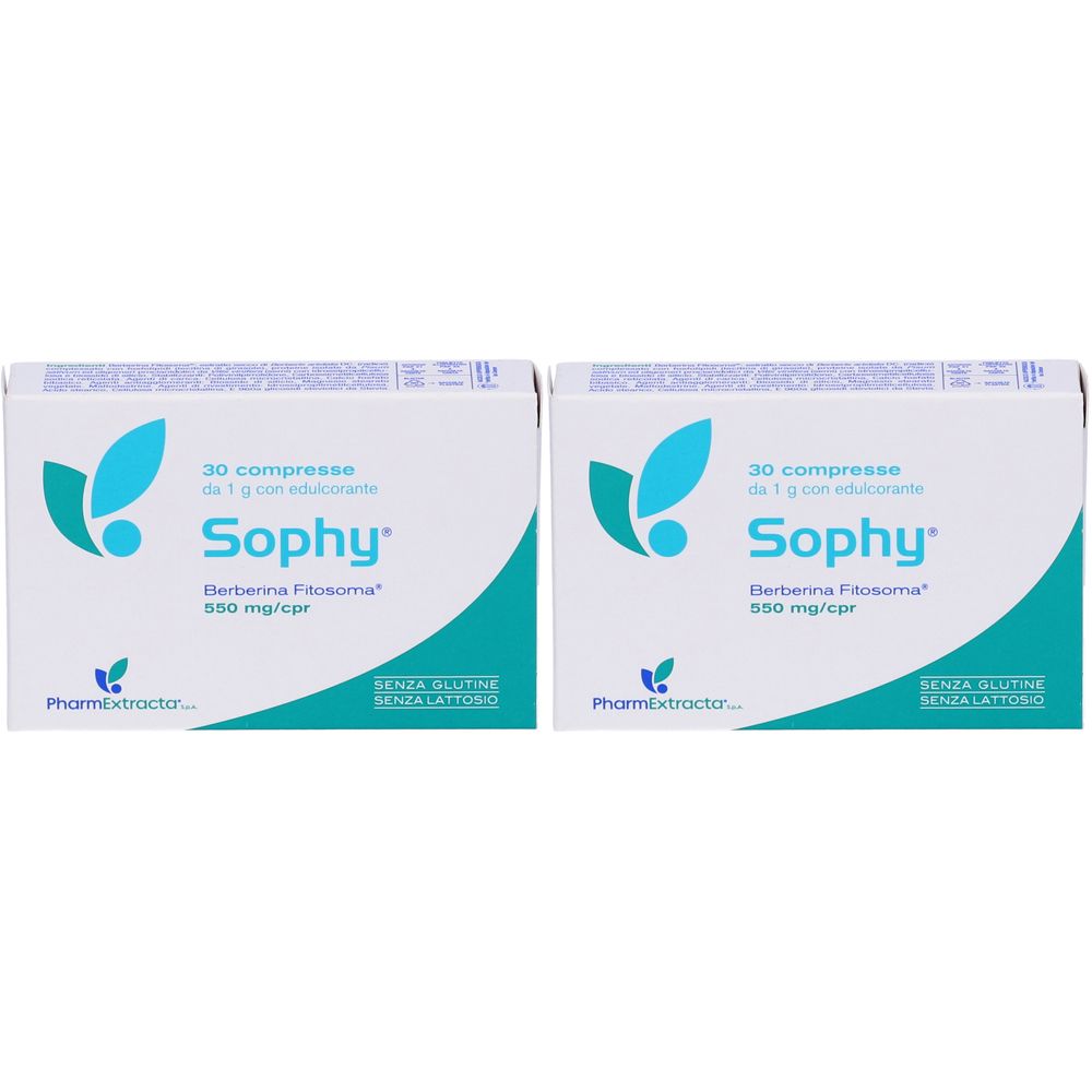 Deux boîtes blanches avec le mot "Sophy". Chaque boîte indique "30 compresse".