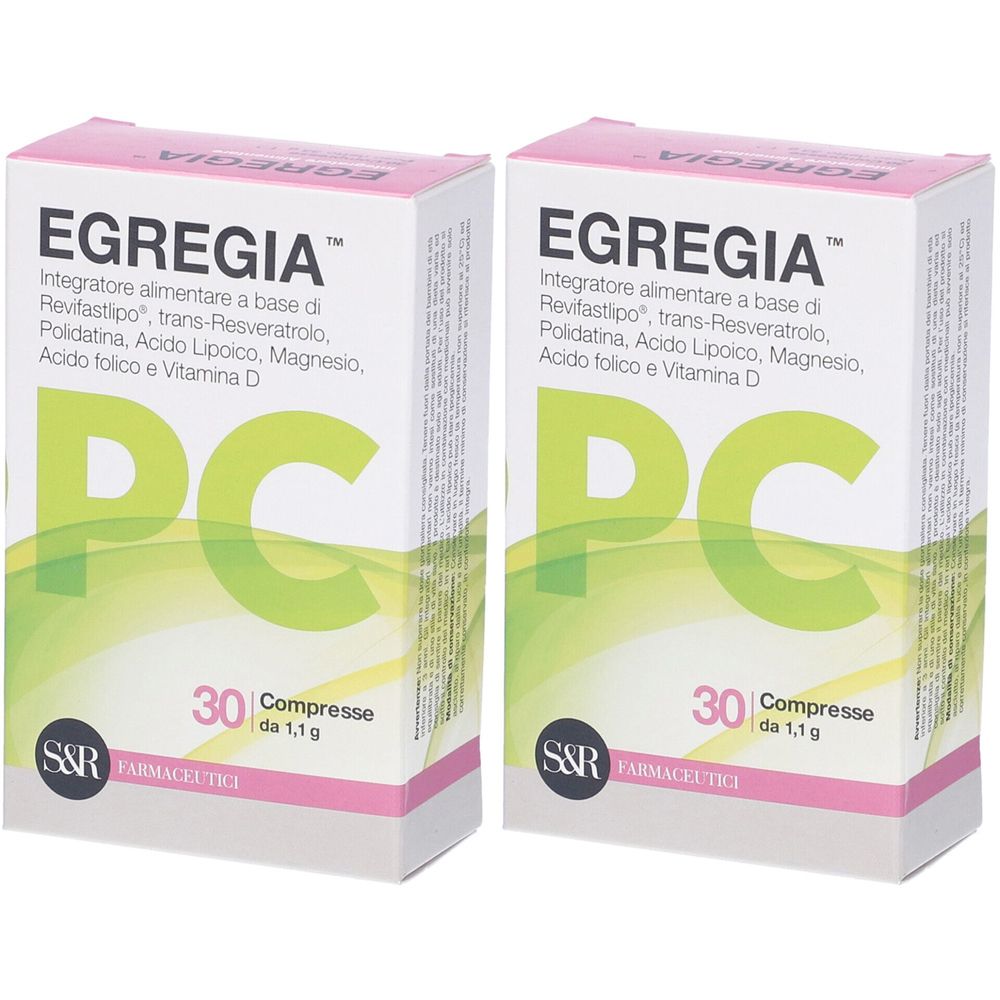 Deux boîtes EGREGIA, 30 comprimés. Inscription : Integratore alimentare a base di.