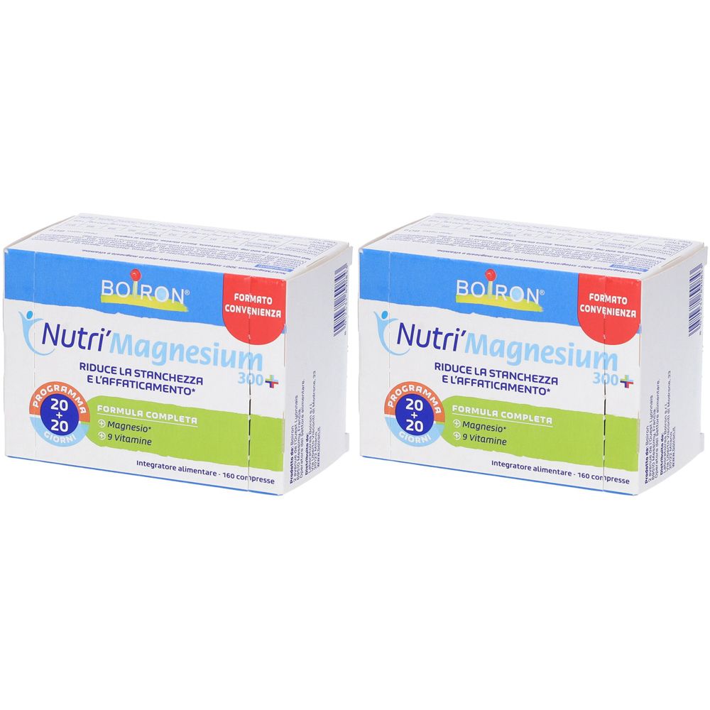 Zwei Kartons BOIRON Nutri'Magnesium. Weiße Verpackung mit blauer und grüner Schrift. Aufschrift: Nutri'Magnesium, 300+ und 20/20.
