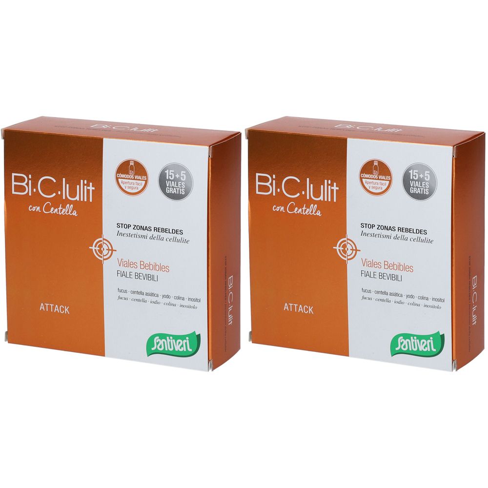 Deux boîtes "Bi-C-lulit con Centella". Design orange et blanc. Texte : "STOP ZONAS REBELDES", "Vales Bebibles". Marque : Santiveri.