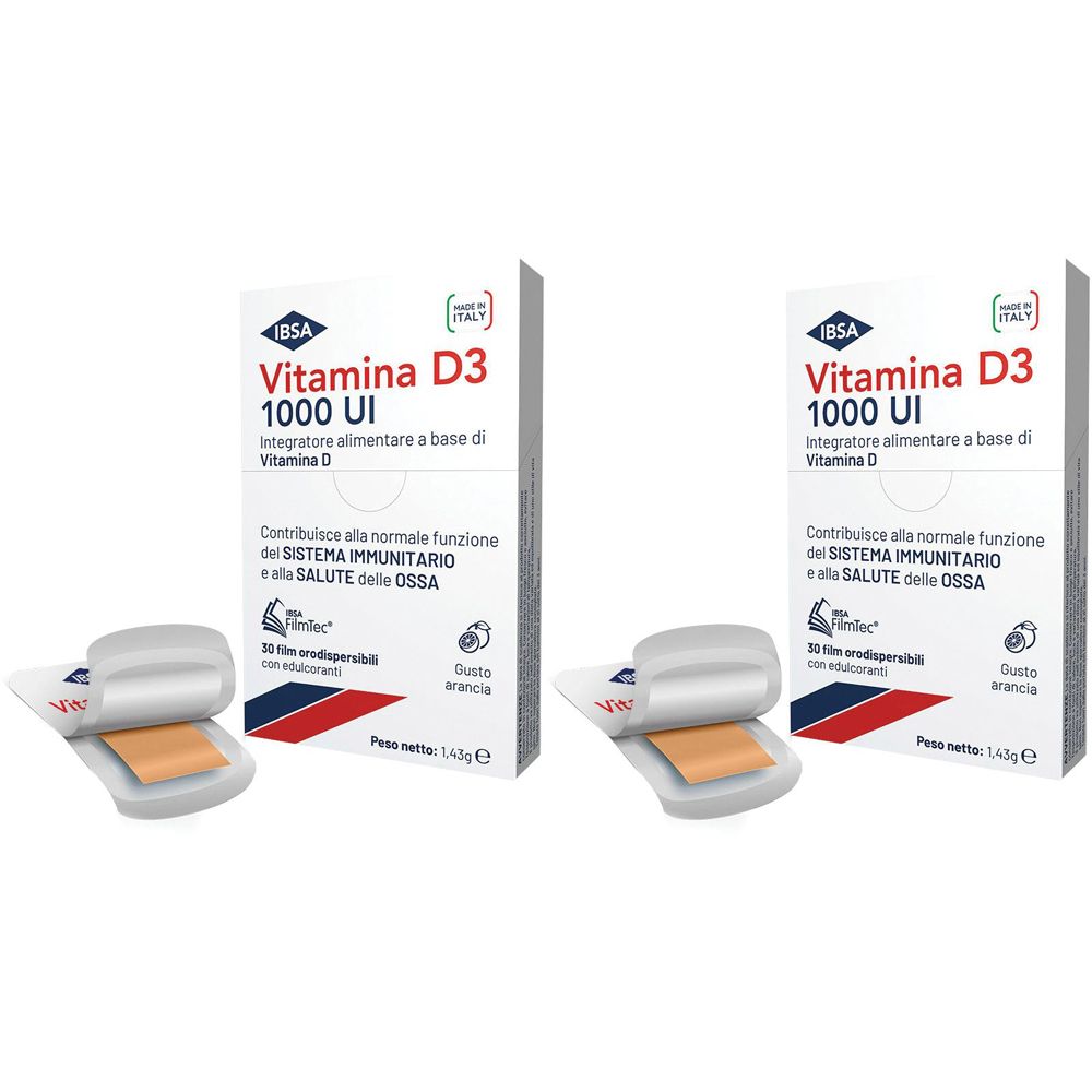Zwei Packungen mit Vitamin D3 1000 UI. Aufschrift: IBSA, Vitamina D3, 1000 UI. Geöffnete Blisterpackung mit oranger Tablette.