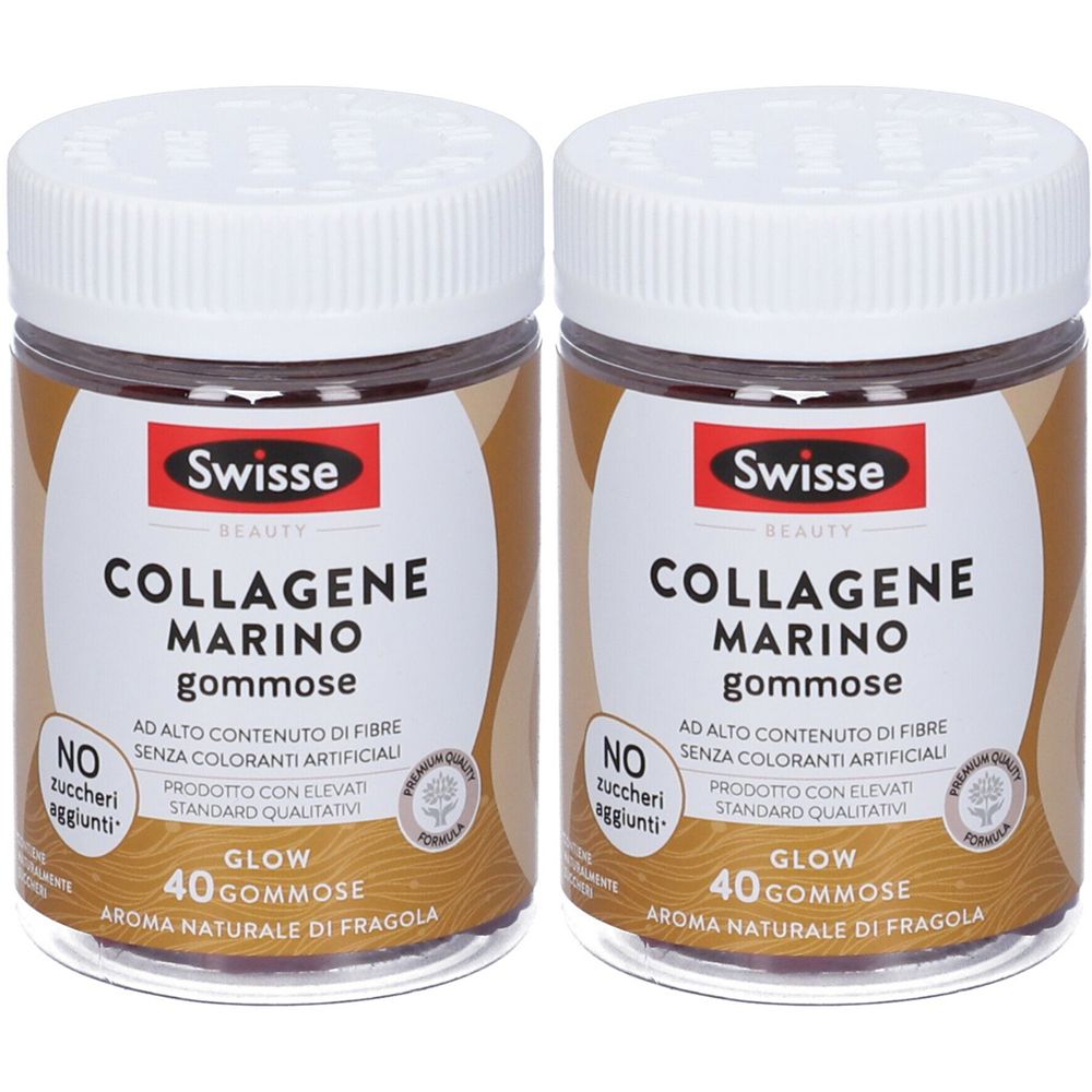 Zwei Dosen Swisse Collagene Marino Gommose. Weiße Deckel, braune Behälter mit Etiketten. Text: Collagene Marino, 40 Gommose, Aroma naturale di fragola.