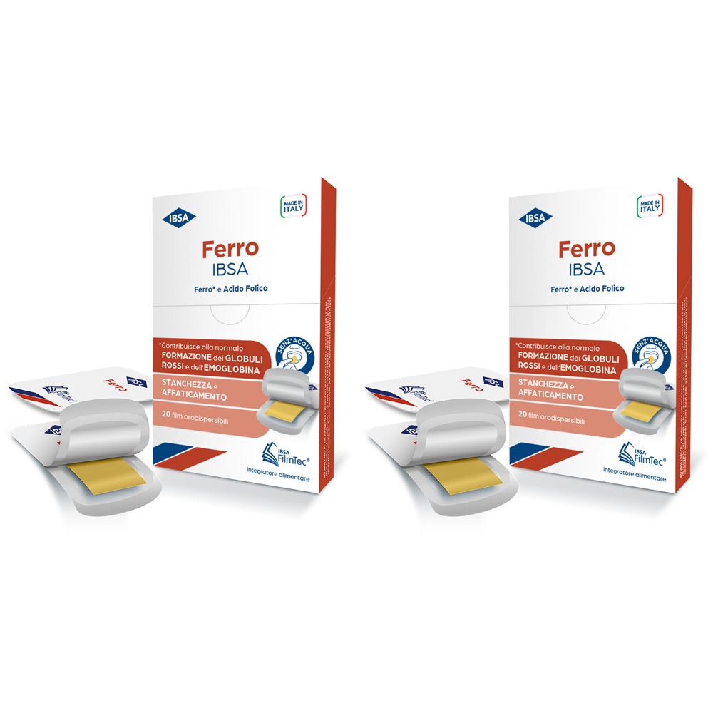 Zwei Packungen Ferro IBSA, Nahrungsergänzungsmittel. Weiße Schachteln mit Produktnamen und Logo. Einzelne Beutel daneben.