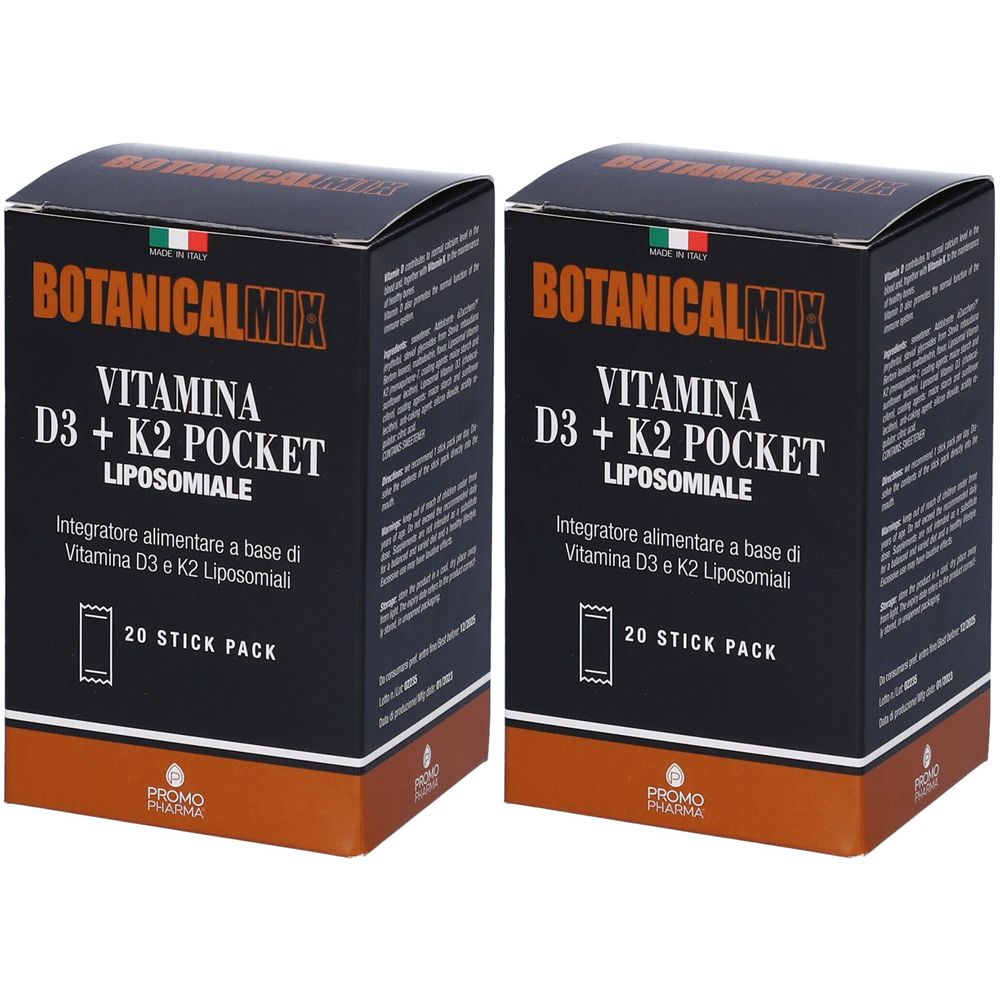 Zwei schwarze Schachteln mit Produktaufdruck. Aufschrift: BOTANICALMIX, VITAMINA D3 + K2 POCKET LIPOSOMIALE. 20 STICK PACK. Logo PROMO PHARMA.