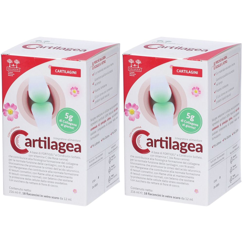 Zwei Kartons Cartilagea. Aufdruck: Cartilagini, 5g Kollagen pro Tag. Weiße Verpackung mit roter und grüner Schrift und Illustrationen.