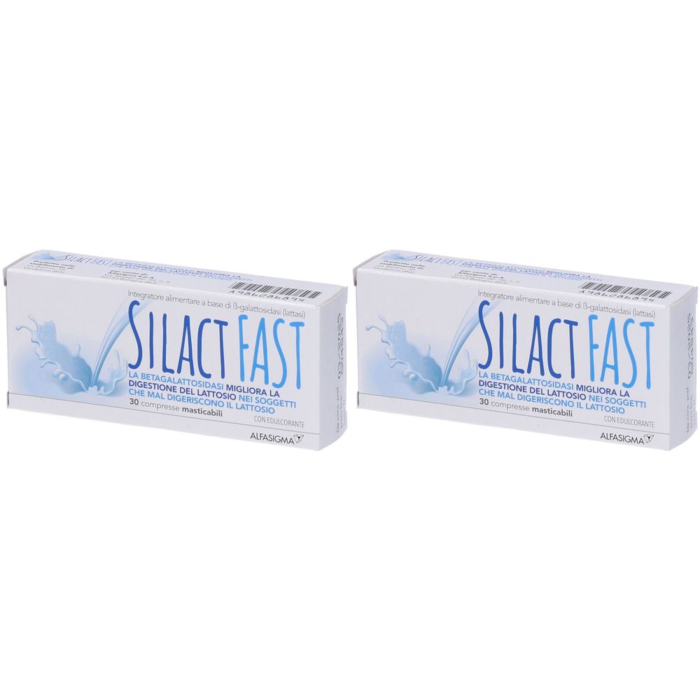Zwei Schachteln mit der Aufschrift SILACT FAST. Blaue und weiße Verpackung mit Text. Marke Alfasigma.