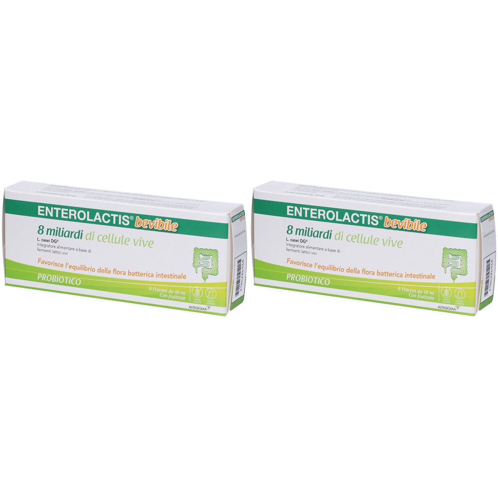 Zwei rechteckige Schachteln mit grünen und weißen Akzenten. Aufschrift: ENTEROLACTIS bevibile, 8 Milliarden lebende Zellen, PROBIOTICO.