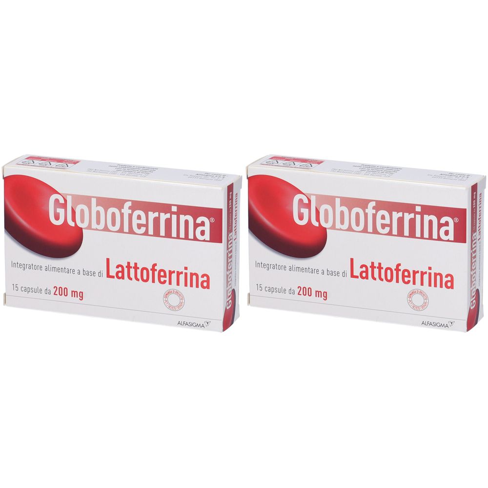 Deux boîtes de Globoferrina Lattoferrina. Inscription : 15 gélules de 200 mg. Logo rouge.