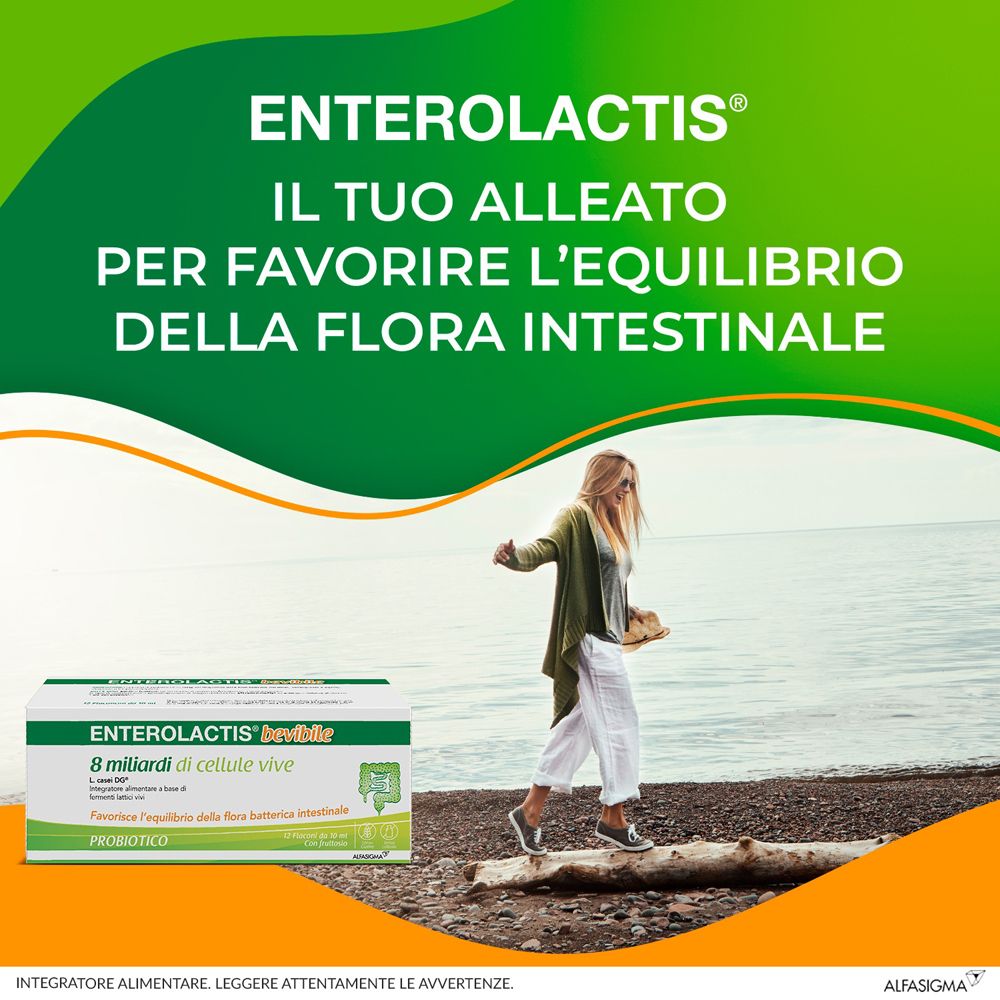 Werbebild mit Enterolactis-Verpackung. Frau am Strand. Text: Ihr Verbündeter für das Gleichgewicht der Darmflora.
