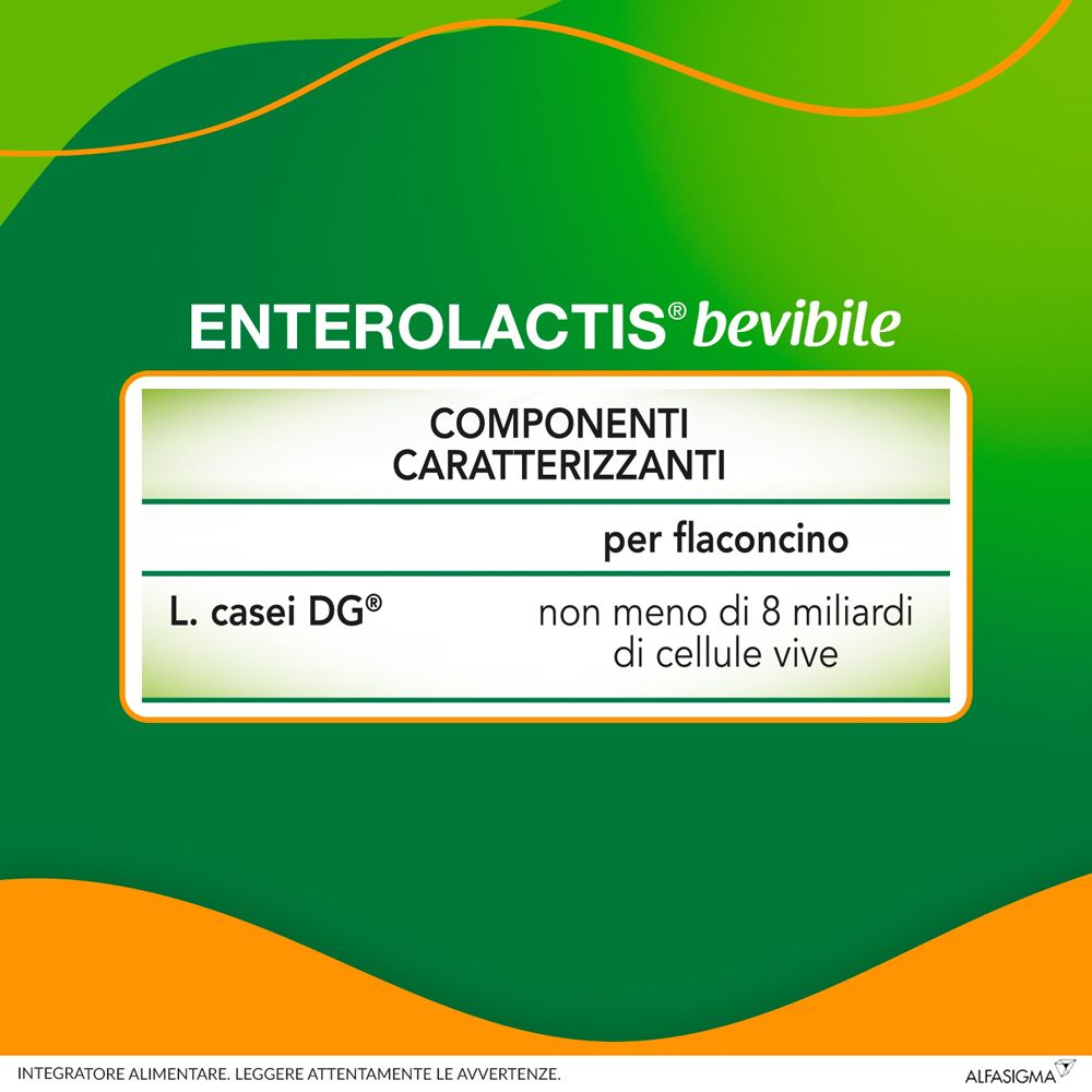 Text: Enterolactis Trinkfläschchen. Bestandteile pro Fläschchen: L. casei DG, mindestens 8 Milliarden lebende Zellen.