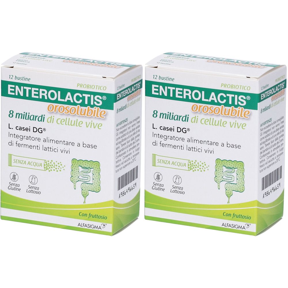 Deux boîtes d'Enterolactis Orosolubile. Inscription : 8 milliards de cellules vivantes, L. casei DG. Sans gluten et lactose. Avec fructose.