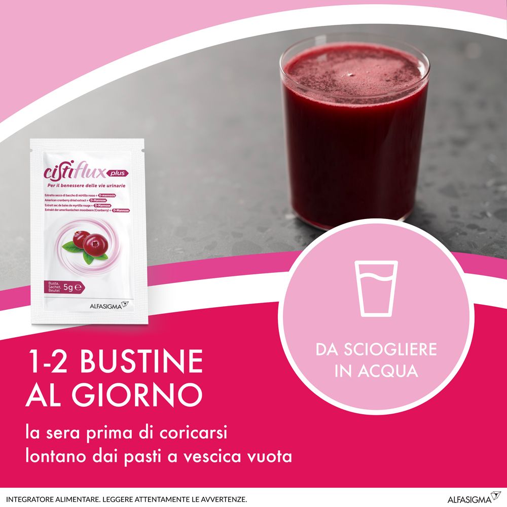 Sachet de produit et verre de boisson rouge. Texte en italien. Instruction : à dissoudre dans l'eau.