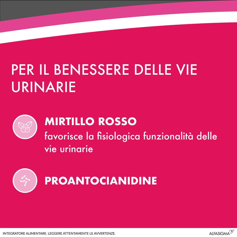 Fond rose avec texte en italien. Informations sur les ingrédients : myrtille et proanthocyanidines.