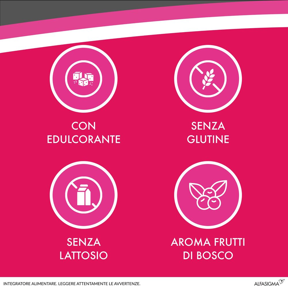 Fond rose avec symboles. Contient édulcorant, sans gluten, sans lactose, arôme fruits des bois.