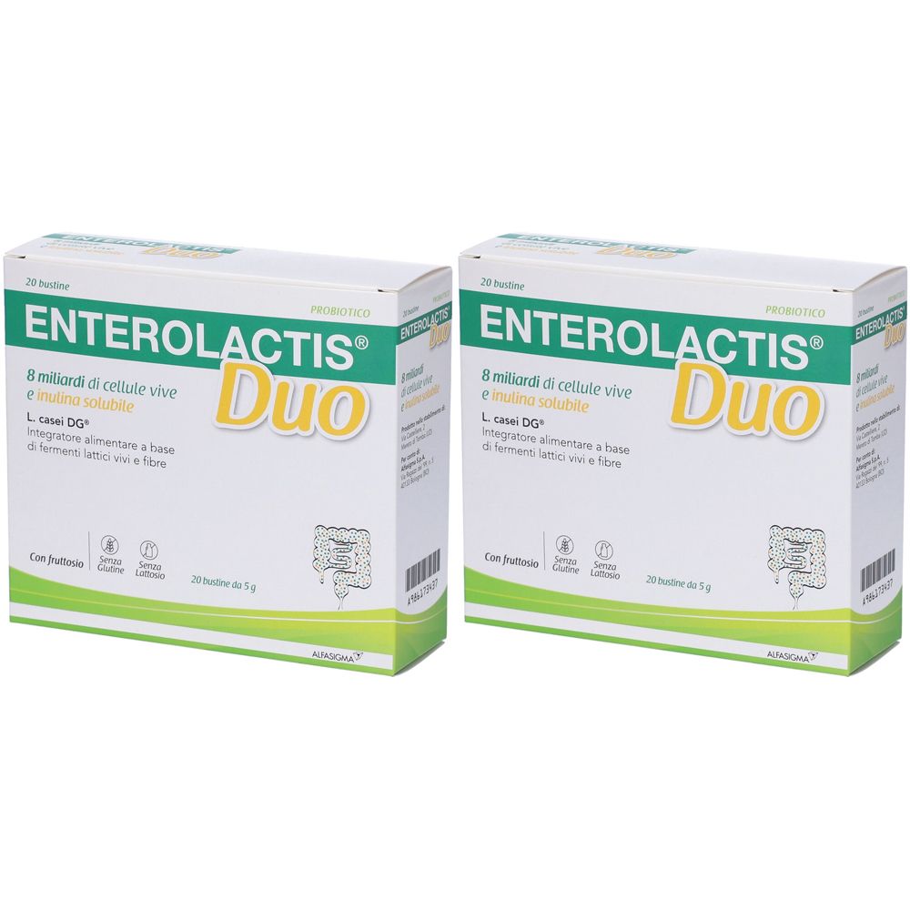 Zwei Schachteln Enterolactis Duo. Weiße Verpackung mit grünen und gelben Akzenten. Text: Enterolactis Duo, 20 Beutel.