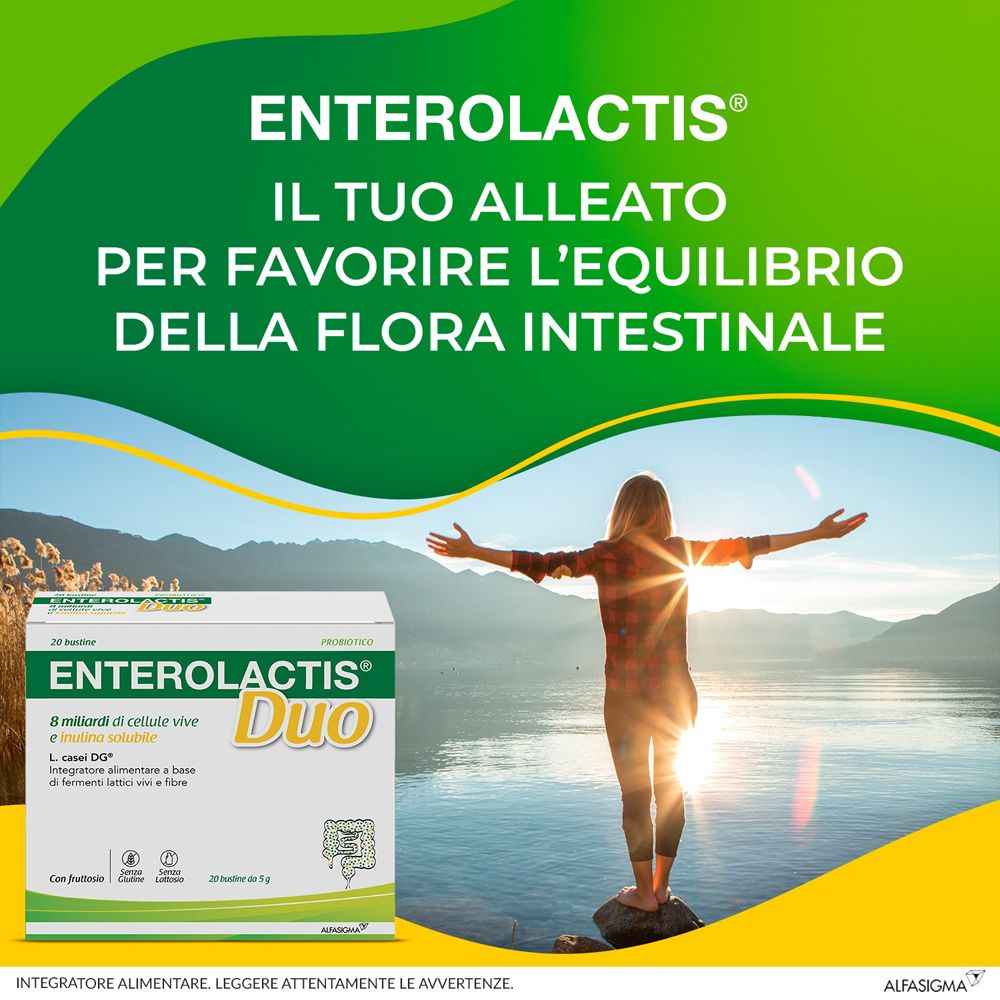 Produktverpackung vor Landschaft. Aufschrift: ENTEROLACTIS Duo. Text: Fördert das Gleichgewicht der Darmflora. Marke Alfasigma.