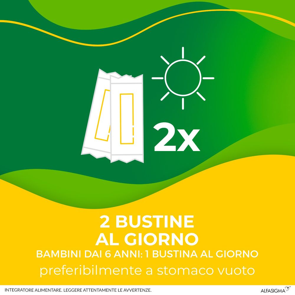 Zwei Beutel, Sonne-Symbol. Text: 2x, 2 Beutel pro Tag. Für Kinder: 1 Beutel pro Tag, vorzugsweise auf nüchternen Magen.